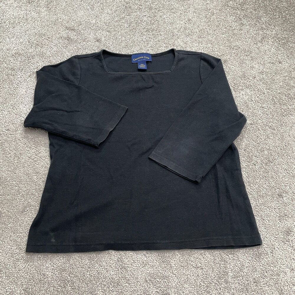 Charter Club Square Neck Basic T-Shirt Womens Petite Medium Black Long Sleeve